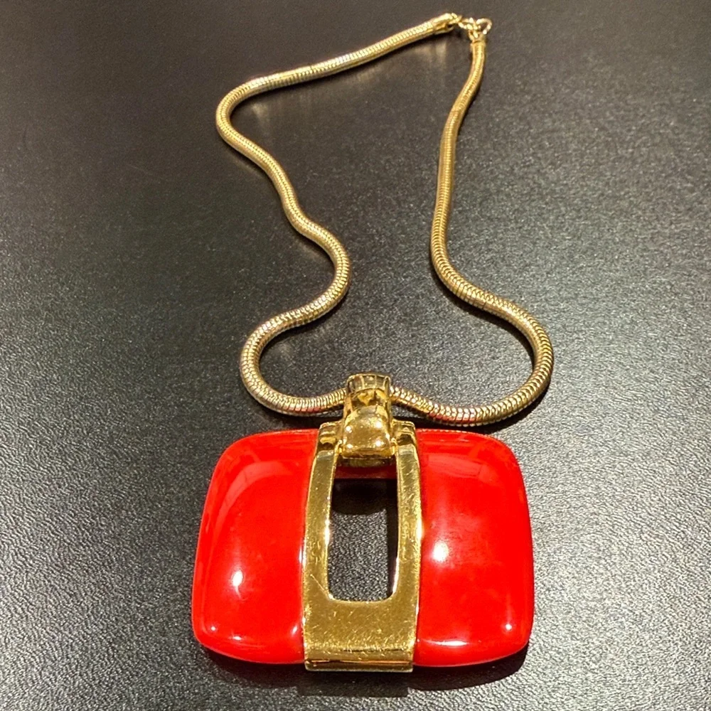 LANVIN Vintage 1970s Gold Plated and Red Pendant Keyhole Necklace w/ Snake Chain